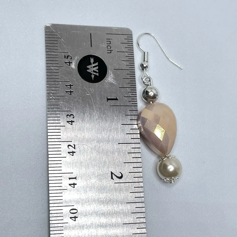 Artisan Blush Beige Pear Cut Glass Beaded Faux Pearl Necklace Earrings Set